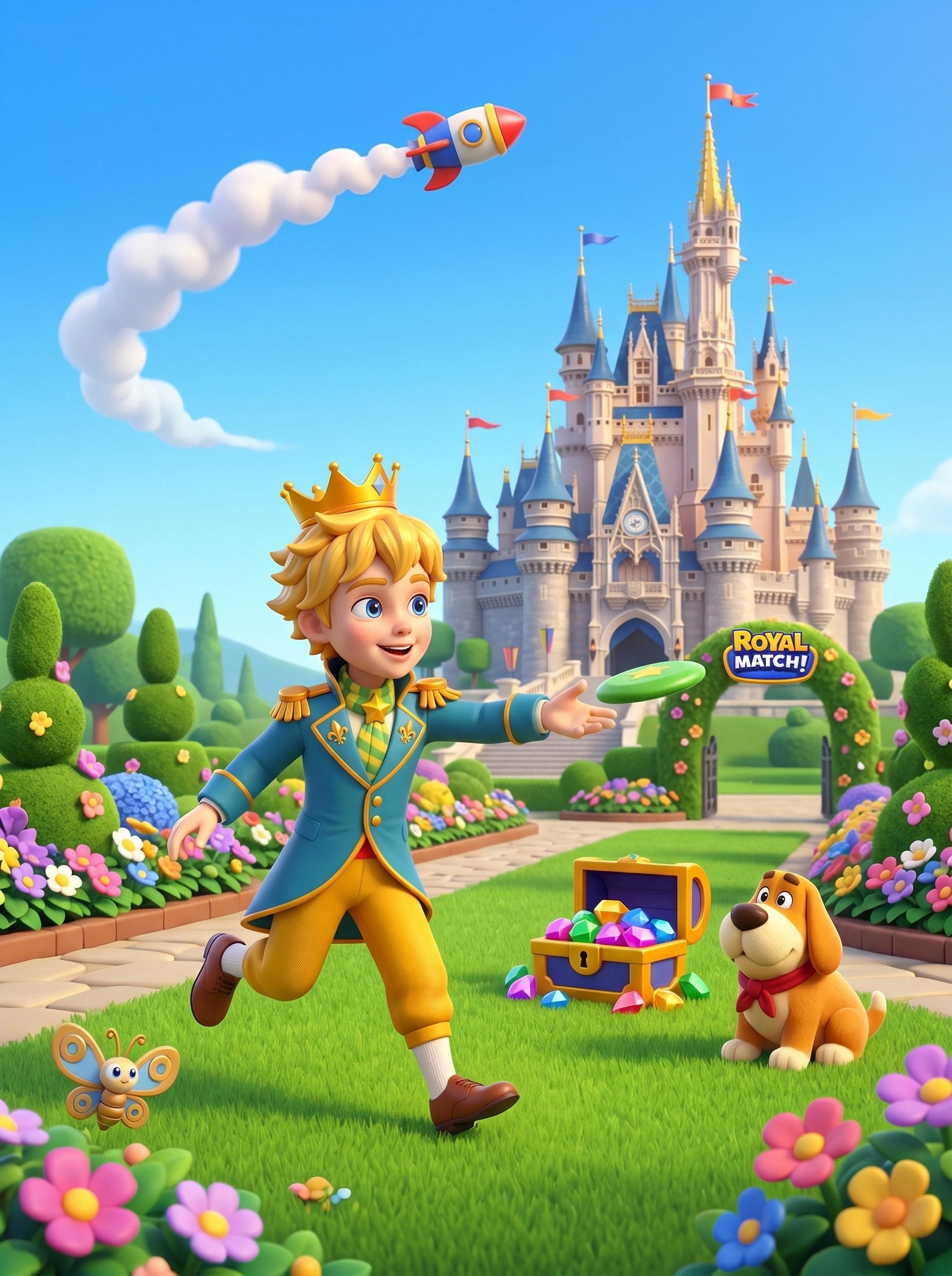 小王子在花园草地上玩飞盘